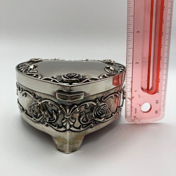 Vintage Regent Square Footed Silverplate Trinket Jewelry Box with Roses - Picture 2 of 10